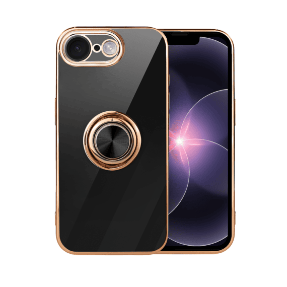 Etui do iPhone 17e eleganckie, ze złotym, metalowym uchwytem i zdobieniami, osłona na aparat, czarne, nowe ( (4)