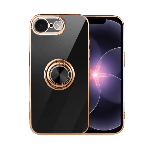 Etui do iPhone 17e eleganckie, ze złotym, metalowym uchwytem i zdobieniami, osłona na aparat, czarne