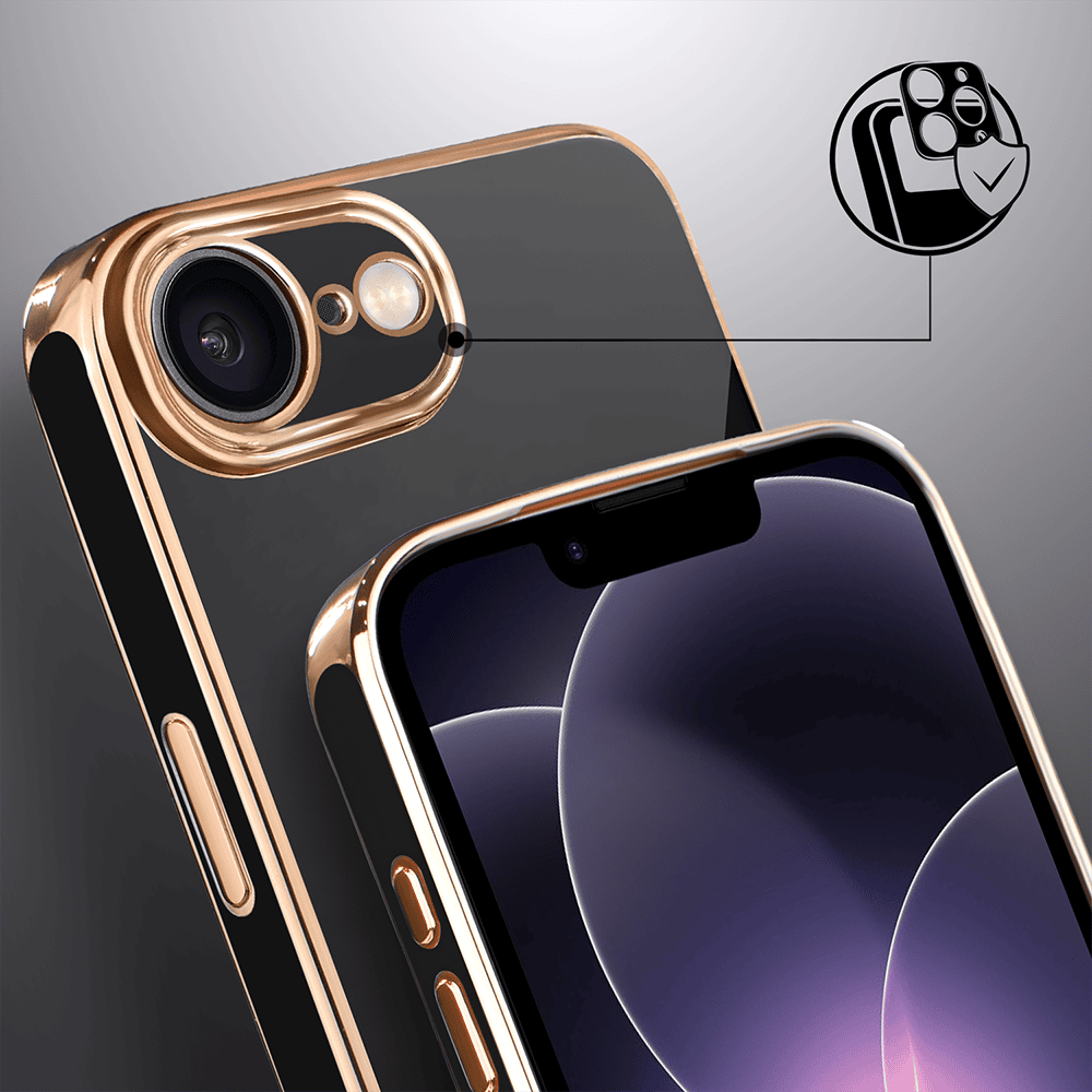 Etui do iPhone 17e eleganckie, ze złotym, metalowym uchwytem i zdobieniami, osłona na aparat, czarne, nowe ( (7)