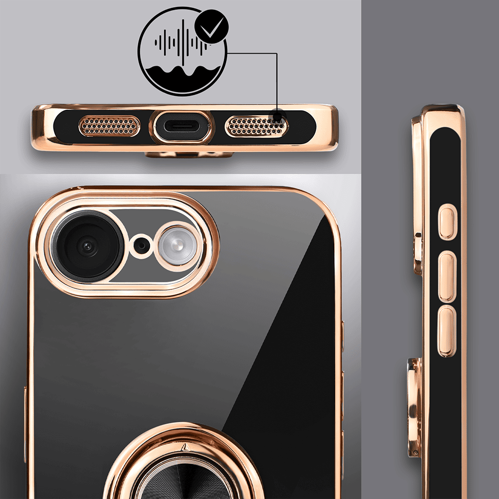 Etui do iPhone 17e eleganckie, ze złotym, metalowym uchwytem i zdobieniami, osłona na aparat, czarne, nowe ( (9)