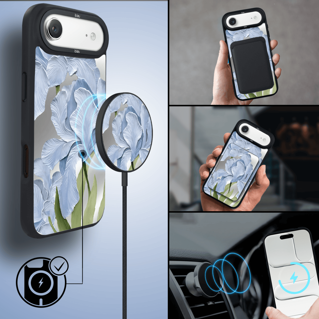 Etui do iPhone AIR IBIZU DropGuard Matt z MagSafe, Relief Garden, Błękitny Irys (4)
