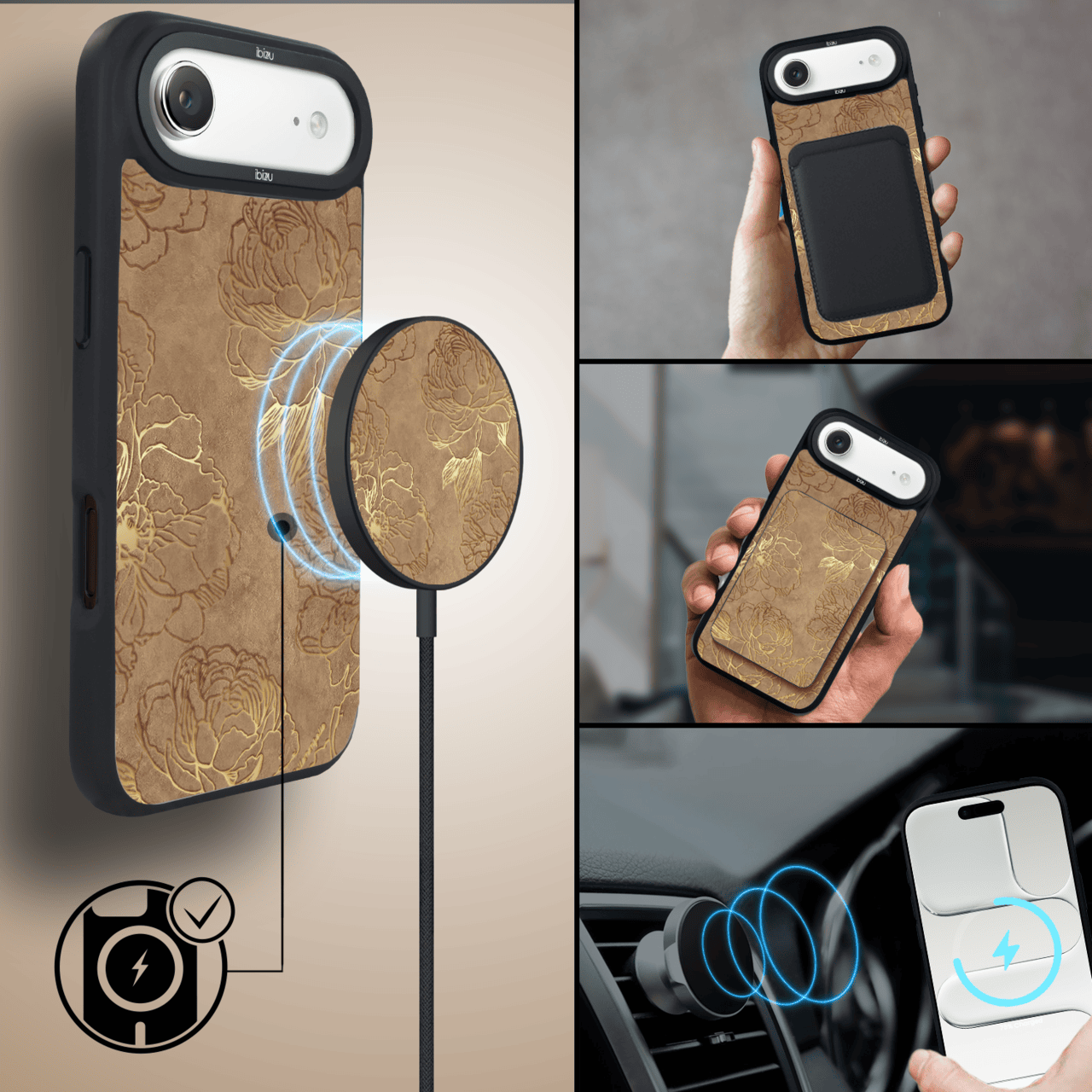 Etui do iPhone Air IBIZU DropGuard Matt z MagSafe, Relief Garden, Złote piwonie (3)