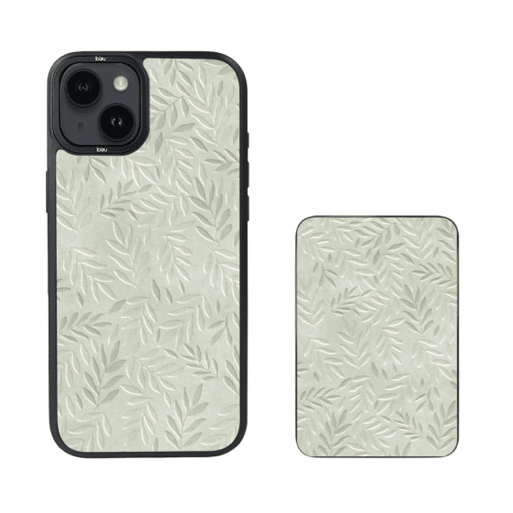 Zestaw IBIZU do iPhone 14 Plus etui i powerbank, Relief Garden, Ślad oliwki (1)