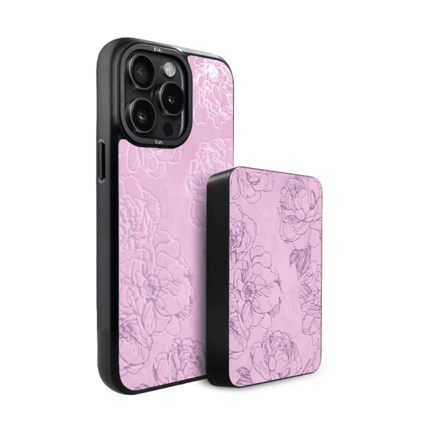 Zestaw IBIZU do iPhone 14 Pro: etui i powerbank, Relief Garden, Różowe piwonie