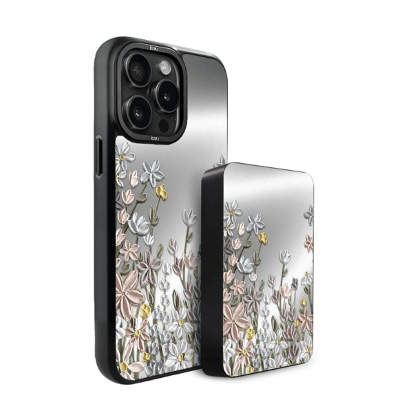 Zestaw IBIZU do iPhone 14 Pro: etui i powerbank, Relief Garden, Wiosenna łąka