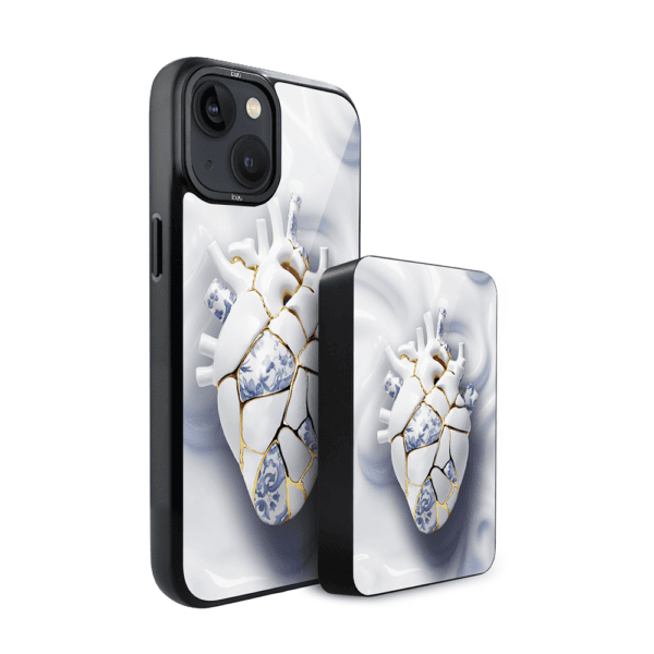 Zestaw IBIZU do iPhone 14: etui i powerbank, Kintsugi Art, porcelanowe serce