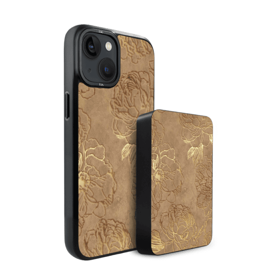 Zestaw IBIZU do iPhone 14 etui i powerbank, Relief Garden, Złote piwonie (2)