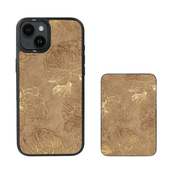 Zestaw IBIZU do iPhone 14 etui i powerbank, Relief Garden, Złote piwonie (4)