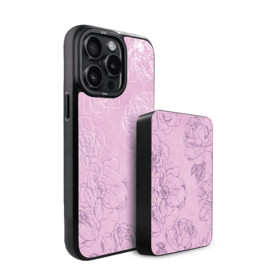 Zestaw IBIZU do iPhone 15 Pro Max etui i powerbank, Relief Garden, Różowe piwonie (4)