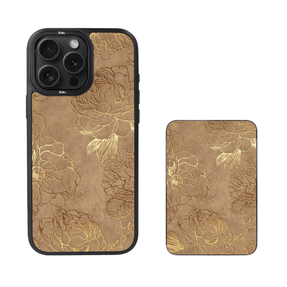 Zestaw IBIZU do iPhone 15 Pro Max etui i powerbank, Relief Garden, Złote piwonie (2)