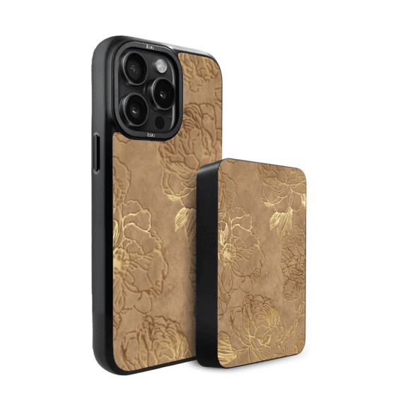 Zestaw IBIZU do iPhone 15 Pro Max etui i powerbank, Relief Garden, Złote piwonie (4)
