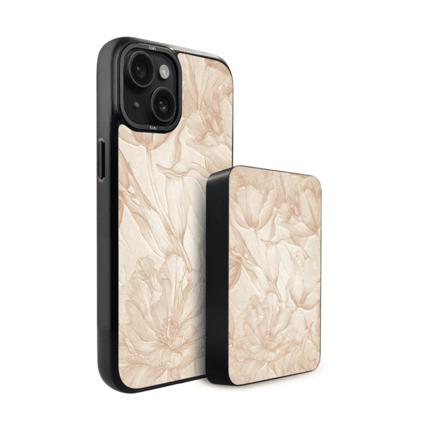 Zestaw IBIZU do iPhone 15: etui i powerbank, Relief Garden, Botaniczny biskwit