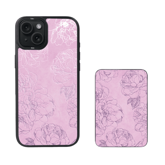 Zestaw IBIZU do iPhone 15 etui i powerbank, Relief Garden, Różowe piwonie (2)