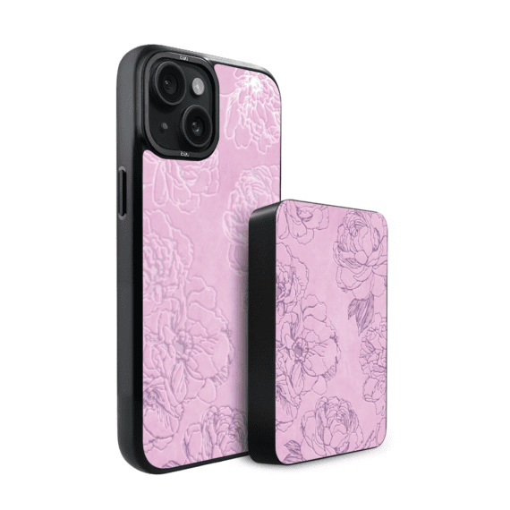 Zestaw IBIZU do iPhone 15 etui i powerbank, Relief Garden, Różowe piwonie (4)