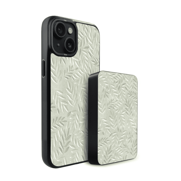 Zestaw IBIZU do iPhone 15: etui i powerbank, Relief Garden, Ślad oliwki
