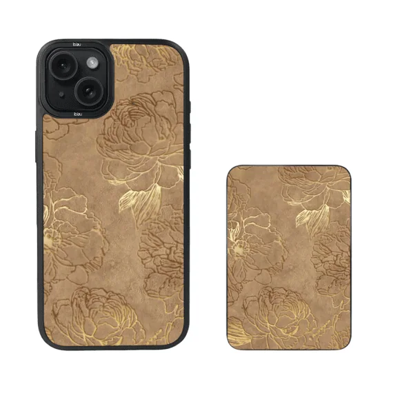 Zestaw IBIZU do iPhone 15 etui i powerbank, Relief Garden, Złote piwonie (5)
