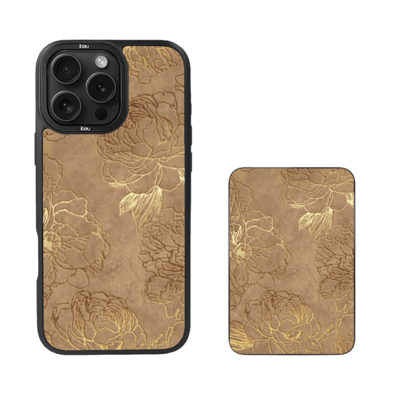 Zestaw IBIZU do iPhone 16 Pro etui i powerbank, Relief Garden, Złote piwonie (2)