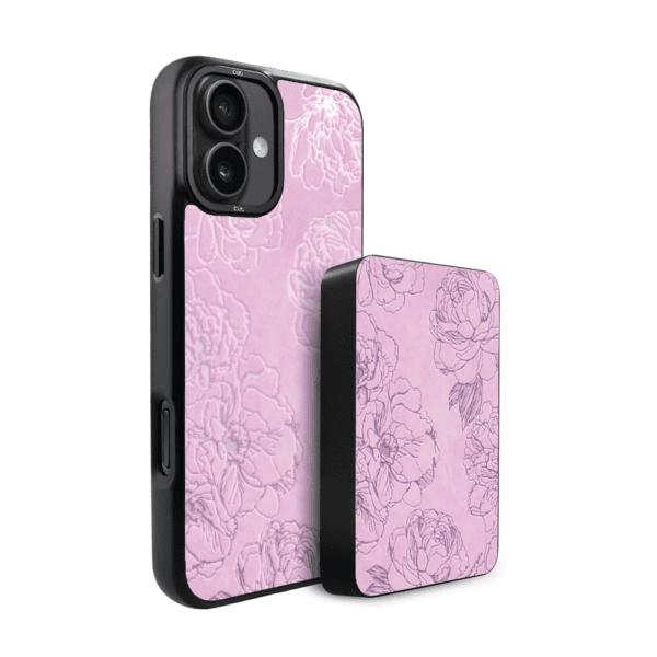 Zestaw IBIZU do iPhone 16: etui i powerbank, Relief Garden, Różowe piwonie