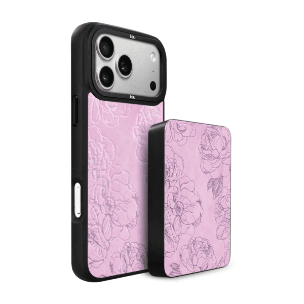 Zestaw IBIZU do iPhone 17 Pro Max: etui i powerbank, Relief Garden, Różowe piwonie