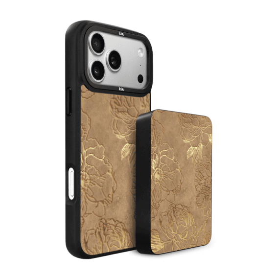 Zestaw-IBIZU-do-iPhone-17-Pro-Max-etui-i-powerbank-Relief-Garden-Zlote-piwonie