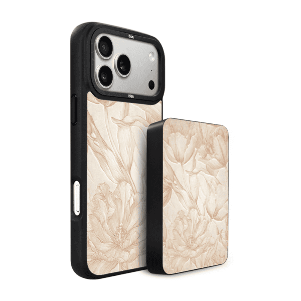 Zestaw IBIZU do iPhone 17 Pro Max: etui i powerbank, Relief Garden, Botaniczny biskwit