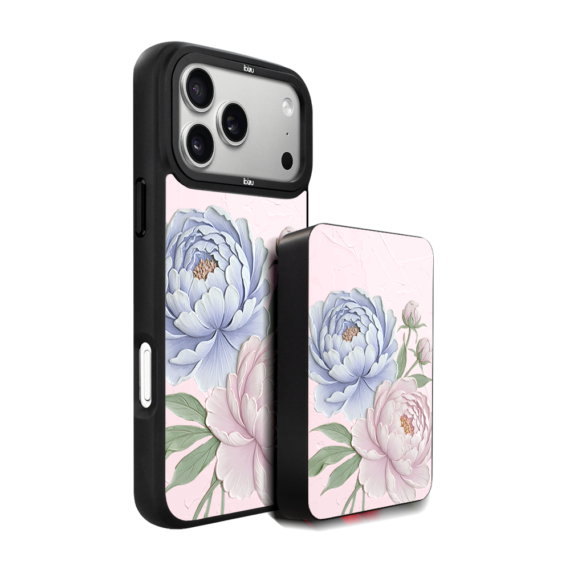 Zestaw IBIZU do iPhone 17 Pro etui i powerbank, Relief Garden, Piwoniowy róż (3)