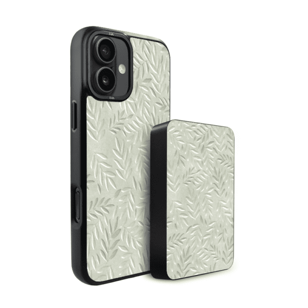 Zestaw IBIZU do iPhone 16 Plus: etui i powerbank, Relief Garden, Ślad oliwki