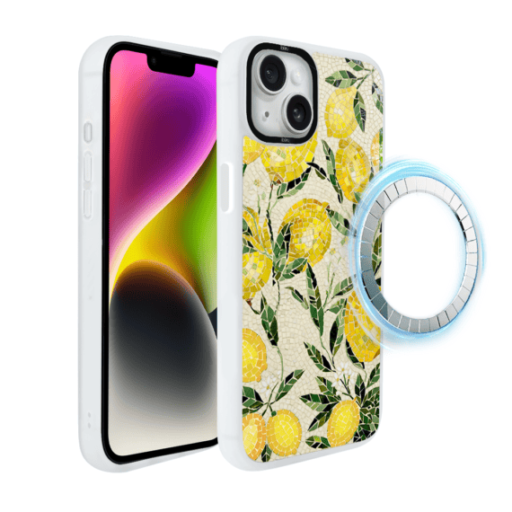 Etui do iPhone 14 IBIZU DropGuard Matt z MagSafe, RIVIERA, Modern Classics, Cytrynowe gaje, białe (1)