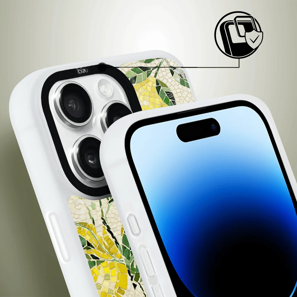 Etui do iPhone 14 Pro Max IBIZU DropGuard Matt z MagSafe, RIVIERA, Modern Classics, Cytrynowe gaje, białe (2)