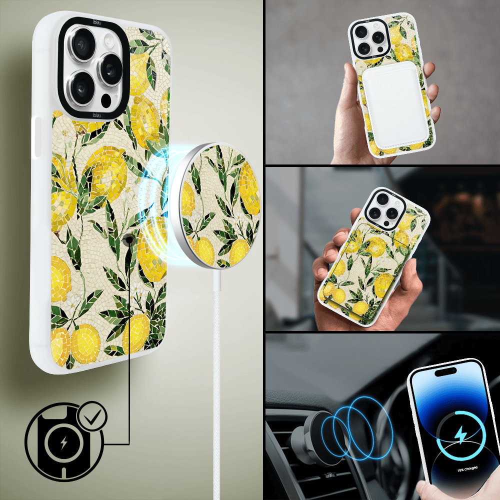 Etui do iPhone 14 Pro Max IBIZU DropGuard Matt z MagSafe, RIVIERA, Modern Classics, Cytrynowe gaje, białe (4)