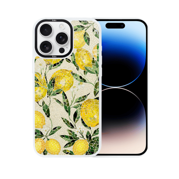 Etui do iPhone 14 Pro Max IBIZU DropGuard Matt z MagSafe, RIVIERA, Modern Classics, Cytrynowe gaje, białe (5)