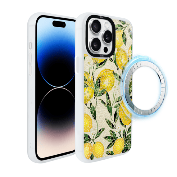Etui do iPhone 14 Pro Max IBIZU DropGuard Matt z MagSafe, RIVIERA, Modern Classics, Cytrynowe gaje, białe (6)