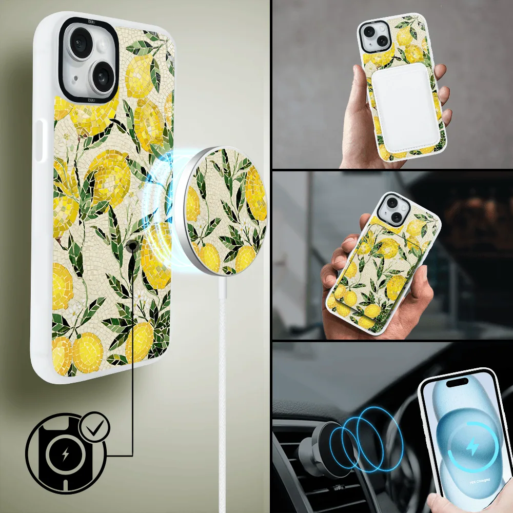 Etui do iPhone 15 IBIZU DropGuard Matt z MagSafe, RIVIERA, Modern Classics, Cytrynowe gaje, białe (1)