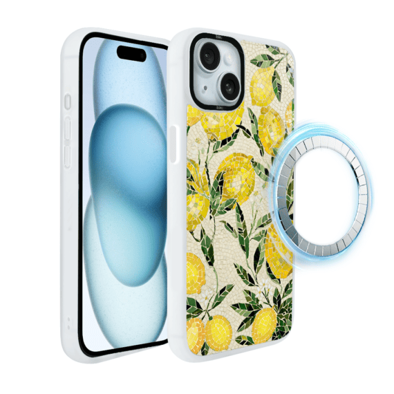 Etui do iPhone 15 IBIZU DropGuard Matt z MagSafe, RIVIERA, Modern Classics, Cytrynowe gaje, białe (3)