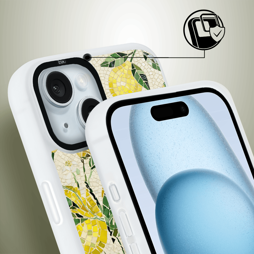 Etui do iPhone 15 IBIZU DropGuard Matt z MagSafe, RIVIERA, Modern Classics, Cytrynowe gaje, białe (7)