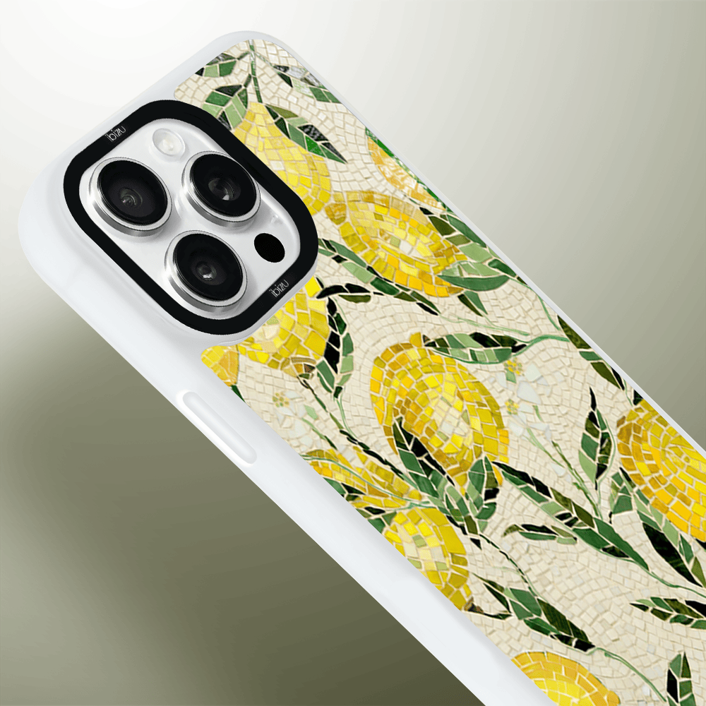 Etui do iPhone 15 Pro Max IBIZU DropGuard Matt z MagSafe, RIVIERA, Modern Classics, Cytrynowe gaje, białe (1)