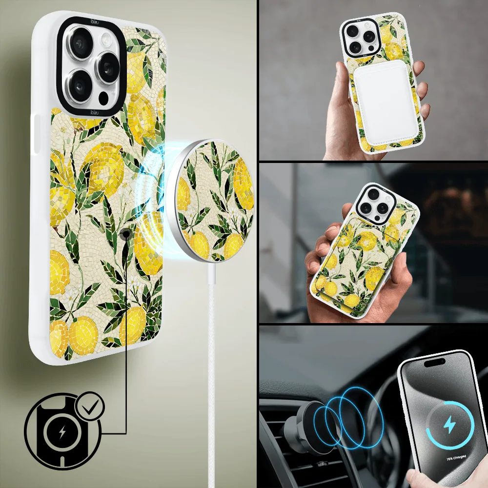 Etui do iPhone 15 Pro Max IBIZU DropGuard Matt z MagSafe, RIVIERA, Modern Classics, Cytrynowe gaje, białe (2)