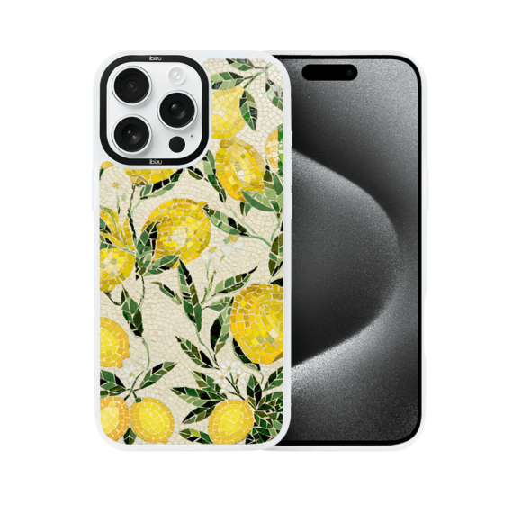 Etui do iPhone 15 Pro Max IBIZU DropGuard Matt z MagSafe, RIVIERA, Modern Classics, Cytrynowe gaje, białe (3)