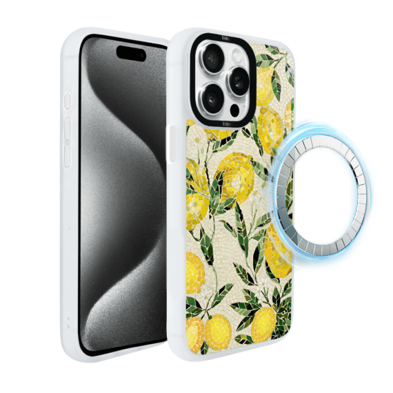 Etui do iPhone 15 Pro Max IBIZU DropGuard Matt z MagSafe, RIVIERA, Modern Classics, Cytrynowe gaje, białe (4)