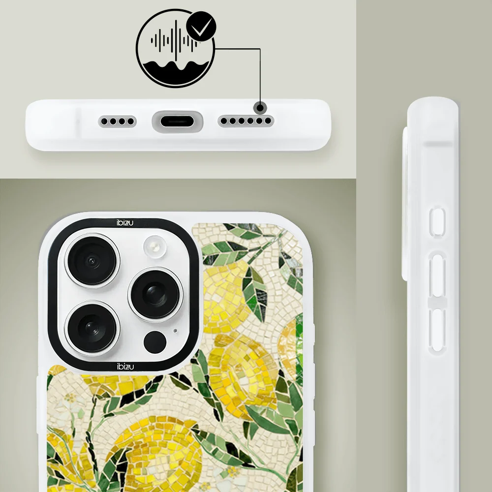 Etui do iPhone 15 Pro Max IBIZU DropGuard Matt z MagSafe, RIVIERA, Modern Classics, Cytrynowe gaje, białe (7)