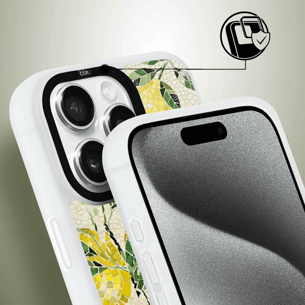 Etui do iPhone 15 Pro Max IBIZU DropGuard Matt z MagSafe, RIVIERA, Modern Classics, Cytrynowe gaje, białe (8)