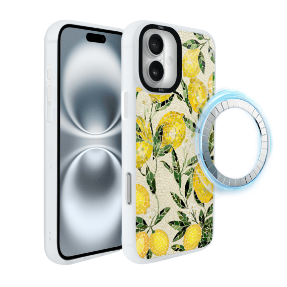 Etui do iPhone 16 IBIZU DropGuard Matt z MagSafe, RIVIERA, Modern Classics, Cytrynowe gaje, białe (6)