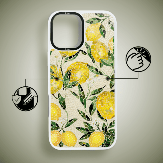 Etui do iPhone 16 IBIZU DropGuard Matt z MagSafe, RIVIERA, Modern Classics, Cytrynowe gaje, białe (7)