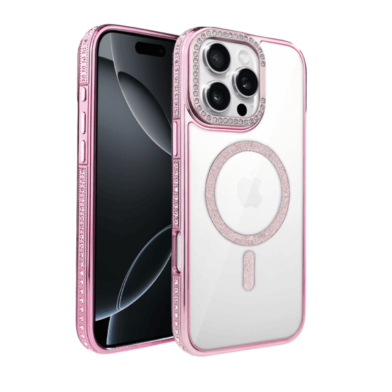 Etui do iPhone 16 Pro Max Diadem Glow, przeźroczyste z MagSafe, błyszczące z podstawką, różowe (2)