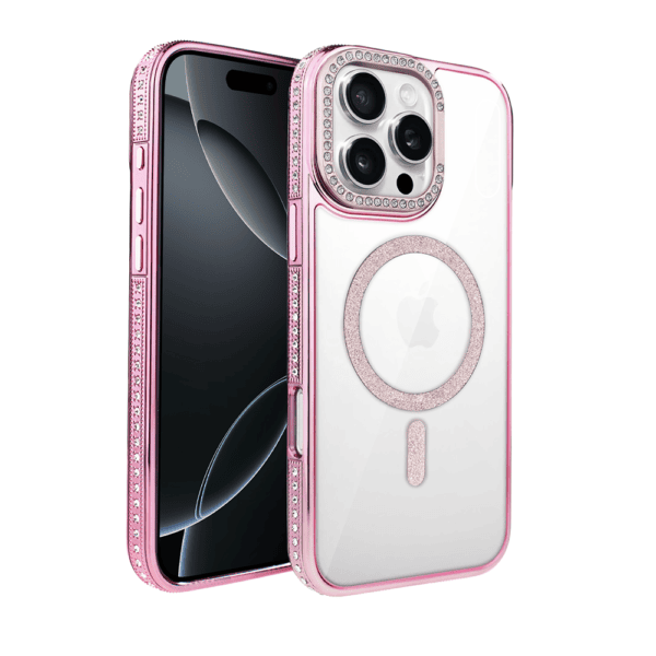 Etui do iPhone 16 Pro Diadem Glow, przeźroczyste z MagSafe, błyszczące z podstawką, różowe