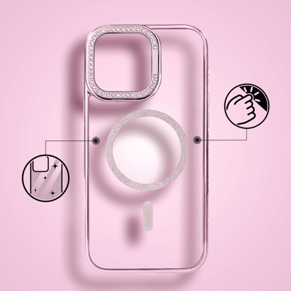 Etui do iPhone 16 Pro Max Diadem Glow, przeźroczyste z MagSafe, błyszczące z podstawką, różowe (3)