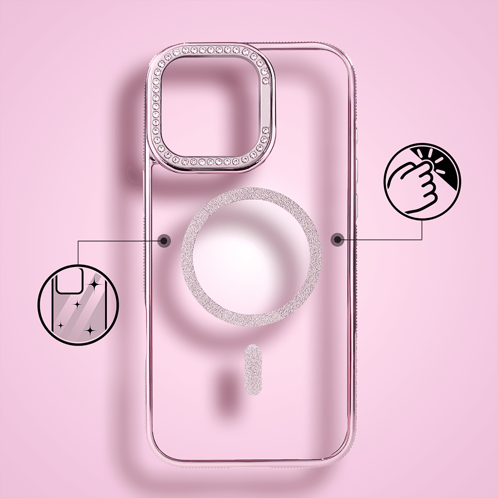 Etui do iPhone 16 Pro Max Diadem Glow, przeźroczyste z MagSafe, błyszczące z podstawką, różowe (3)
