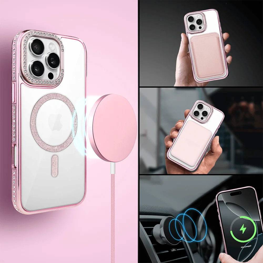 Etui do iPhone 16 Pro Max Diadem Glow, przeźroczyste z MagSafe, błyszczące z podstawką, różowe (4)