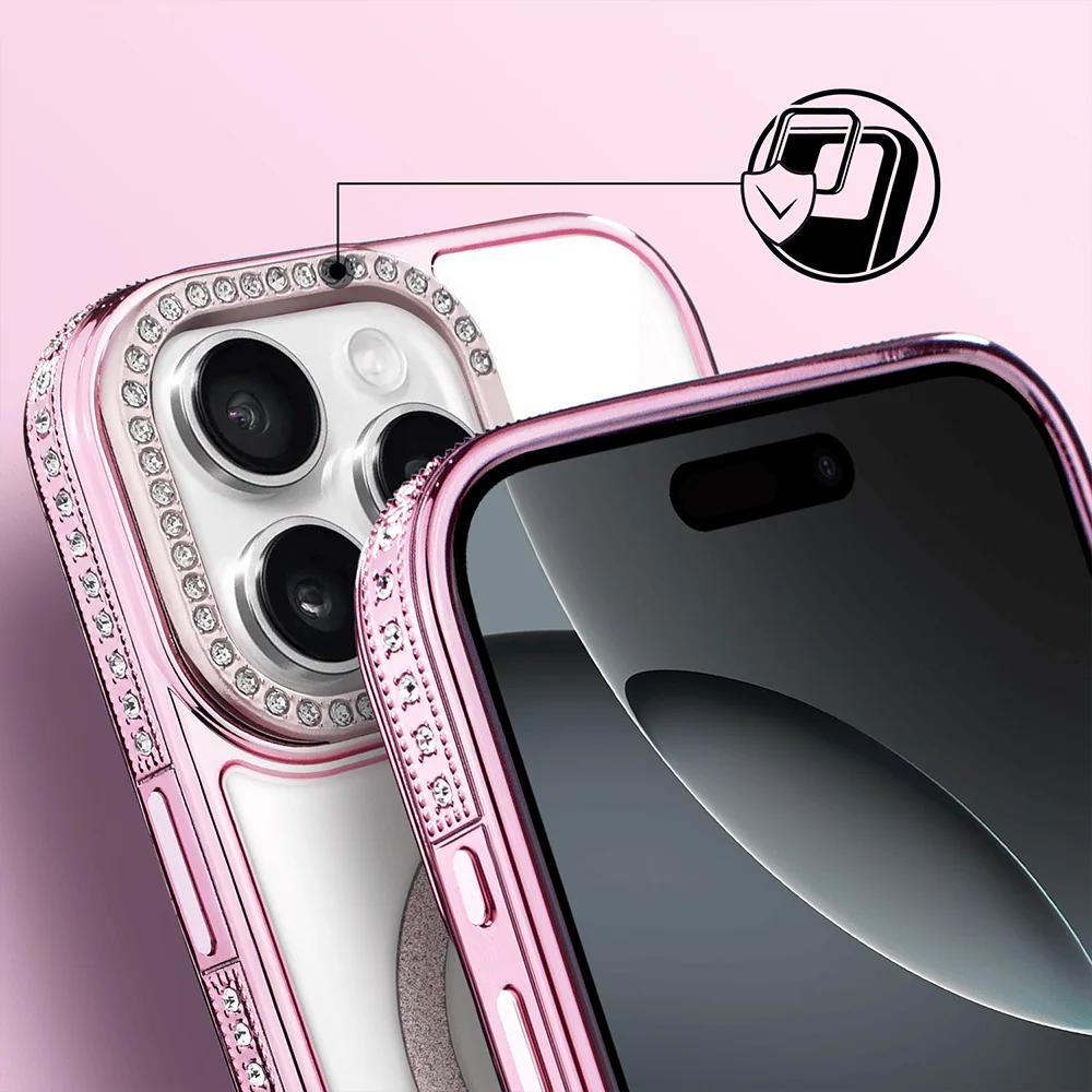 Etui do iPhone 16 Pro Max Diadem Glow, przeźroczyste z MagSafe, błyszczące z podstawką, różowe (6)