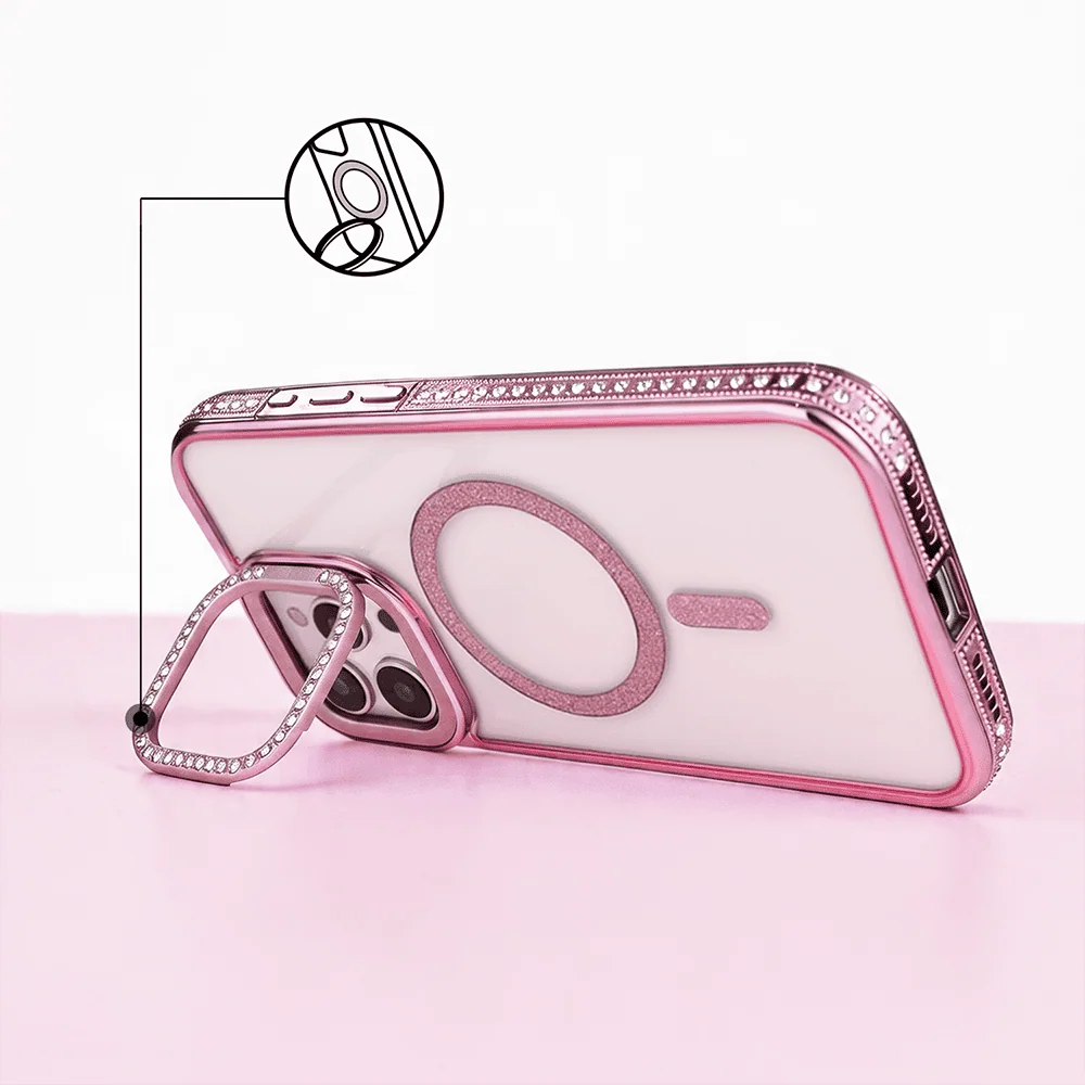 Etui do iPhone 16 Pro Max Diadem Glow, przeźroczyste z MagSafe, błyszczące z podstawką, różowe (9)